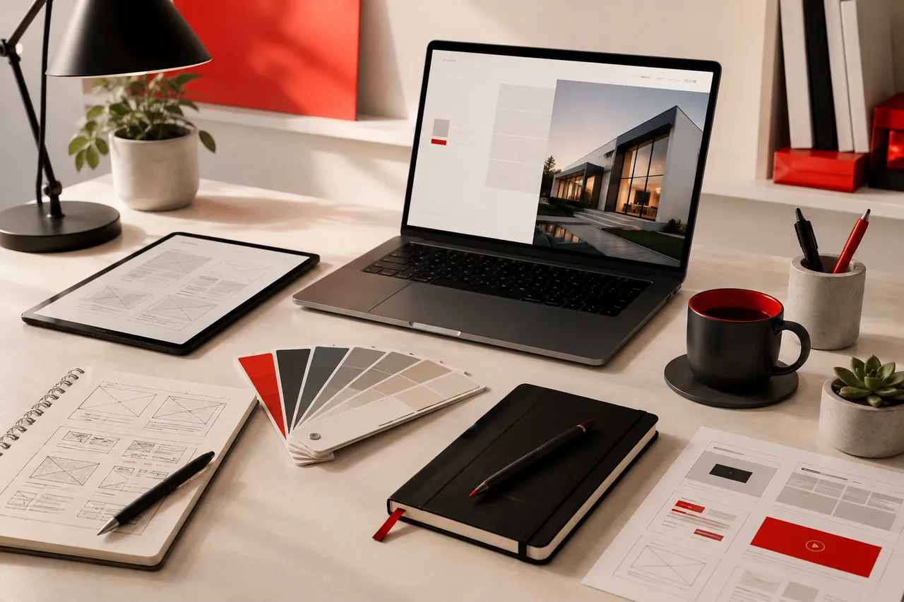 Organised website planning desk with wireframes, colour samples, laptop, tablet and notebooks.
