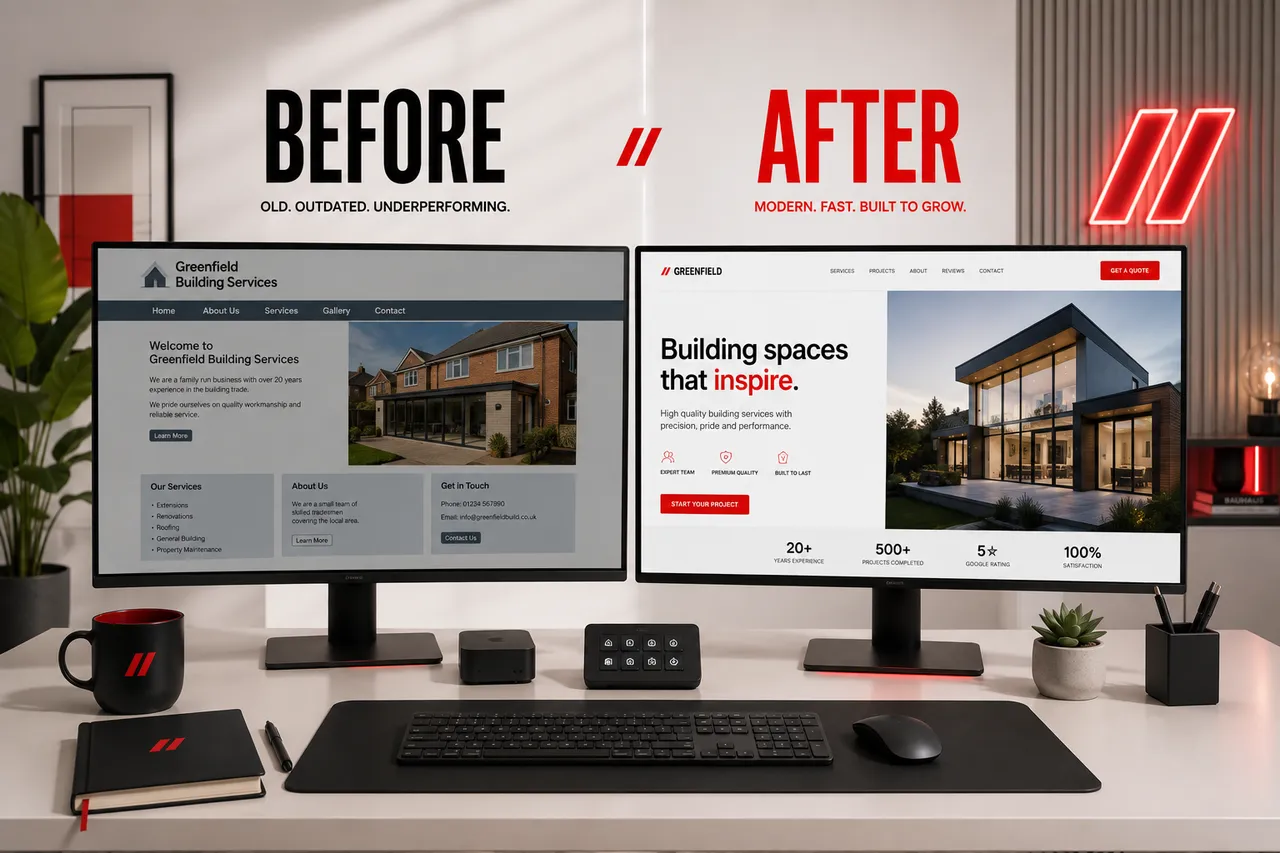 Side-by-side comparison of an outdated business website and a modern redesigned website.