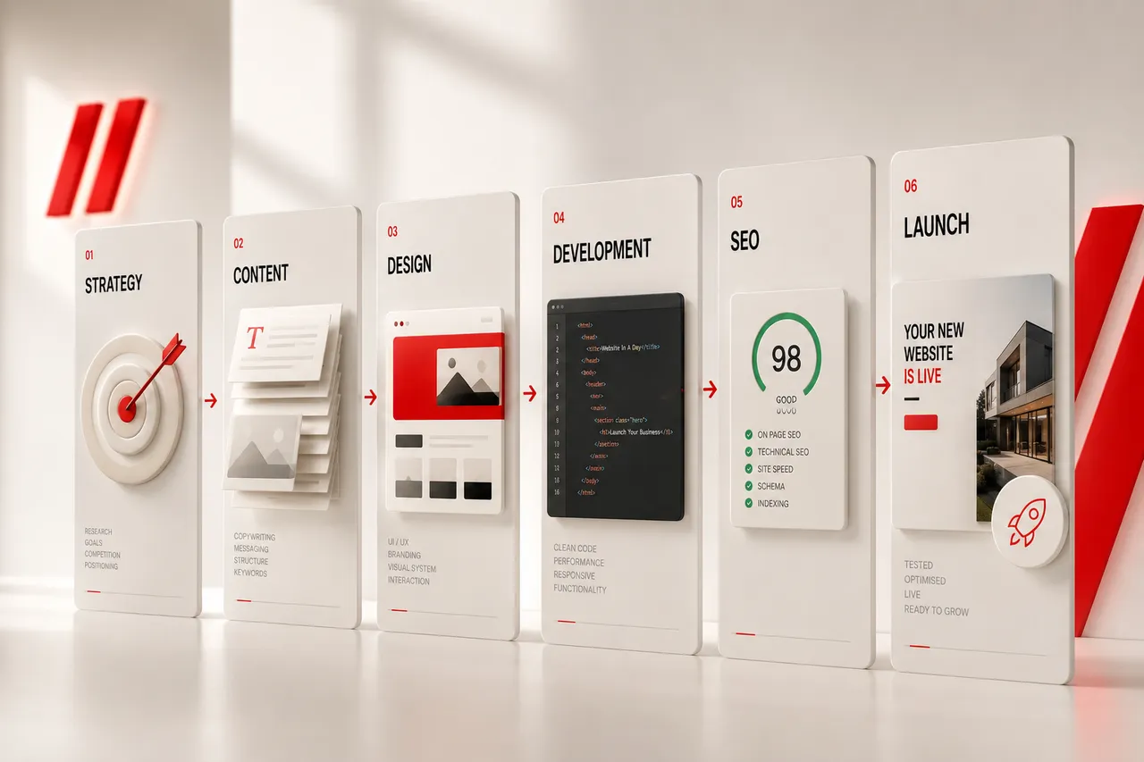 Six-stage website workflow covering strategy, content, design, development, SEO and launch.
