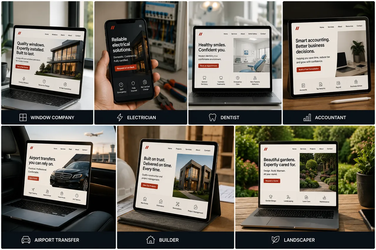 Website concepts for a window company, electrician, dentist, accountant, transport service, builder and landscaper.