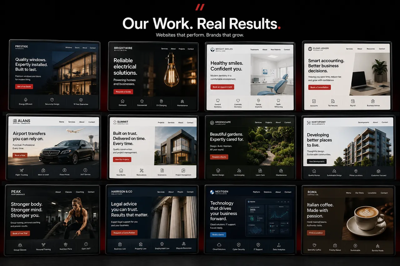 Portfolio wall displaying twelve premium website concepts for different industries.
