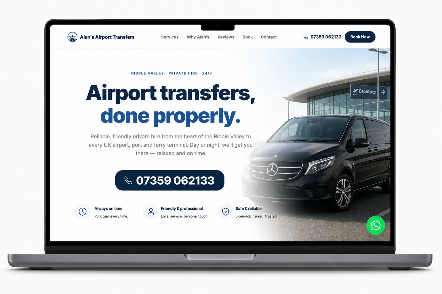 Alan's Airport Transfers website design displayed on laptop