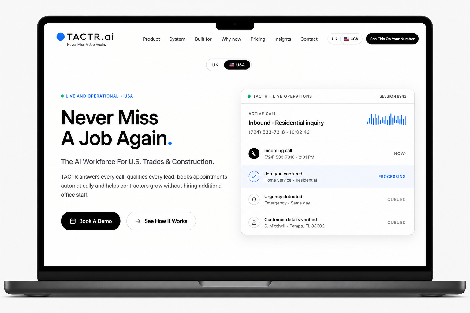 Tactr AI website design displayed on laptop